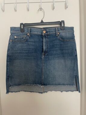 7 For All Mankind Blue Denim Mini Skirt with Frayed Hem